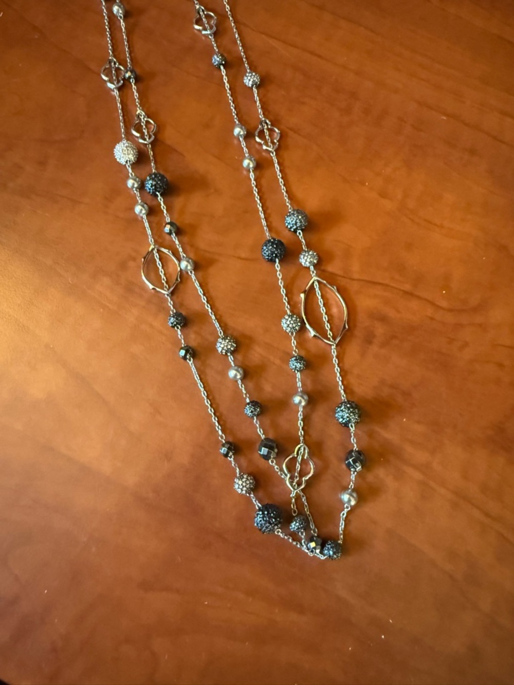 Elegant Long Beaded Silver Necklace with Blue Accents